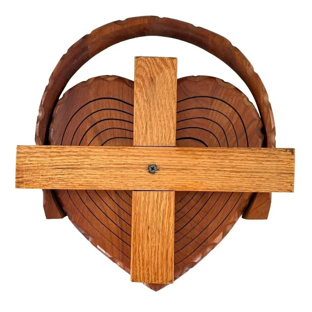 Vintage Handmade Heart Shape Folding Wooden Cedar Basket Victorian Farmhouse